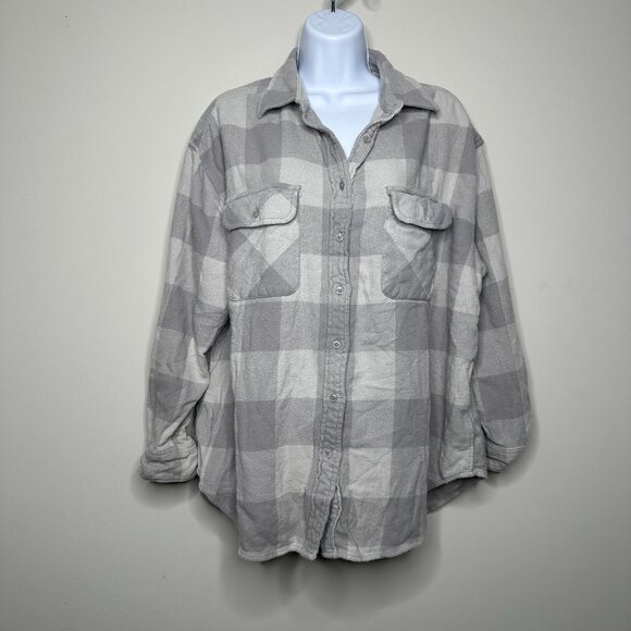 Aerie Grey Checkered Oversized Button Front Flannel Shirt Women's Small - Picture 1 of 5